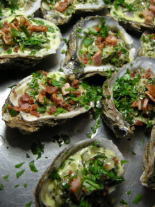 Oysters rockefeller with bacon on top